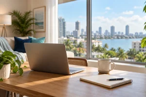 Laptop, notebook, and coffee mug on a desk facing a window in a furnished corporate apartment